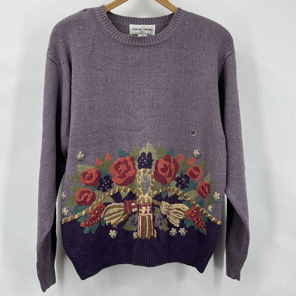 Vtg‎ Women's Dead Stock Silk Cotton Pullover Sweater M Embroidered Cottage Core